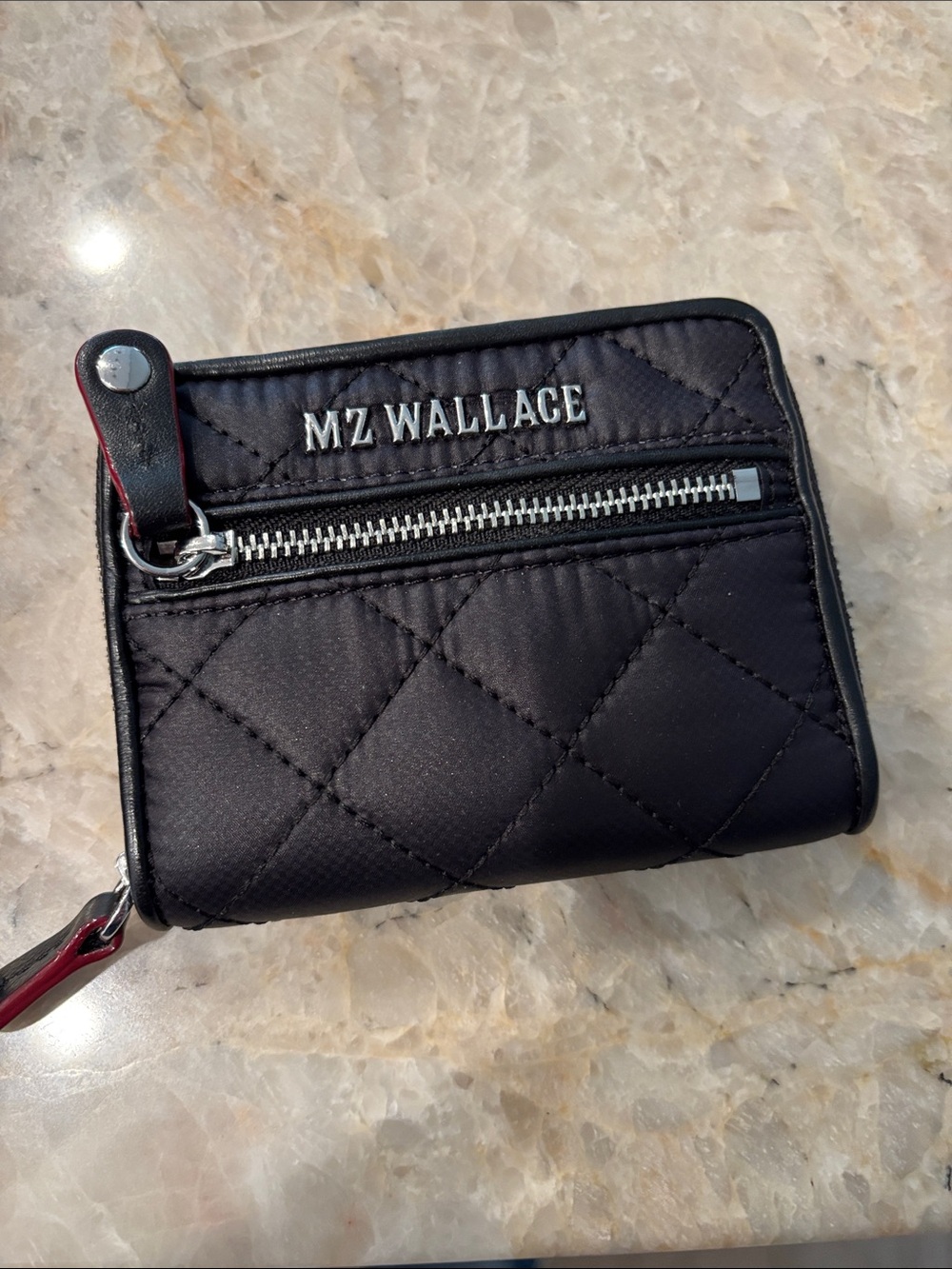 MZ Wallace Quilted Black Card Holder Wristlet with Red Trim and Silver Hardware
